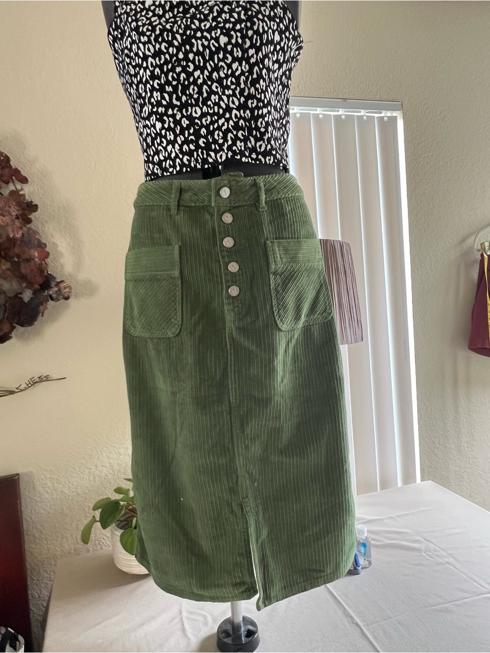 Pilcro and the Letterpress Olive Green Corduroy Midi Skirt - Picture 2 of 14